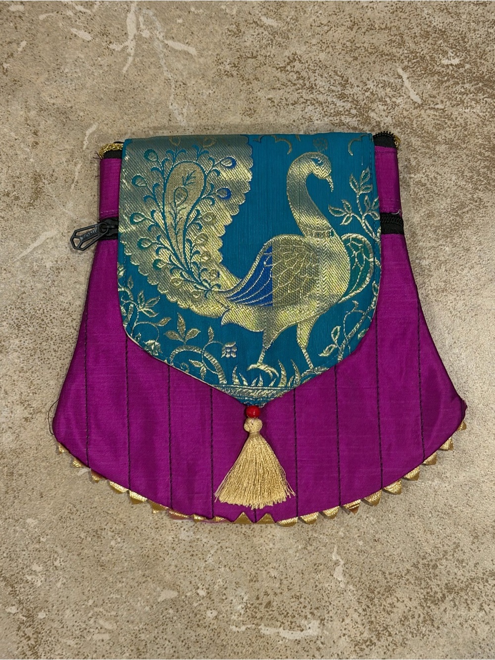 NWOT: Indian silk Embroidered Peacock Tassel Crossbody Bag - Purple & Teal